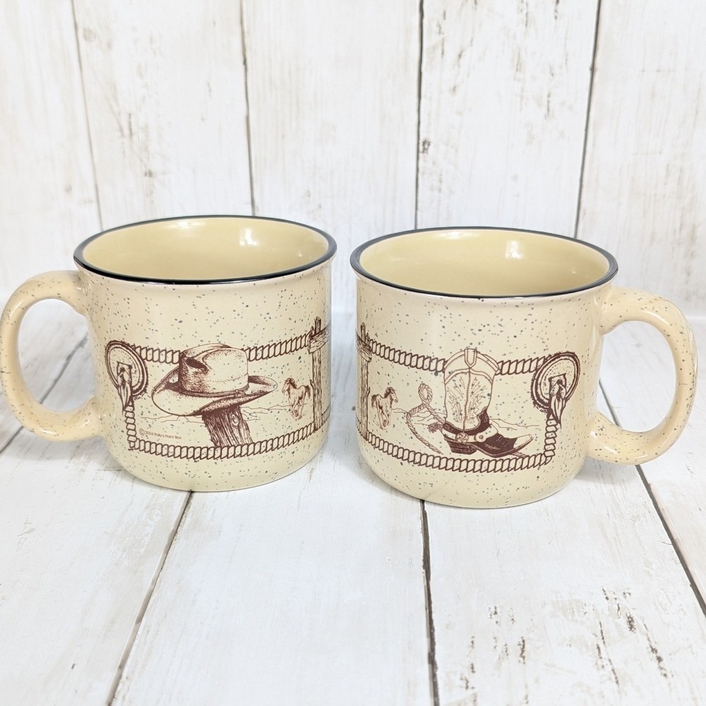 Polly's Paint Box Western Cowboy Coffee Mug Set Speckled 2004 Texas Art